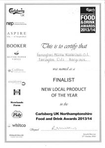 Farrington Mellow Yellow cilli oil Finalist of New Local Product of the Year Food and Drink Awards 2013/14 certificate