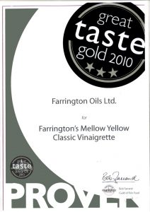 Farrington's Mellow Yellow Classic Vinaigrette Great Taste Gold Award 2010 certificate