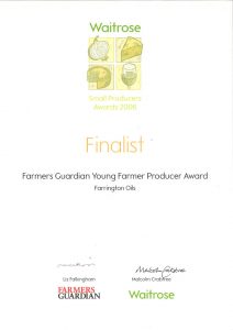 Farrington Mellow Yellow rapeseed oil Waitrose Small Producers Awards 2006 Farmers Guardian Young Farmer Producer Award Finalist Certificate