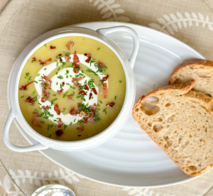 Easy and simple leek and potato soup recipe with mellow yellow rapeseed oil