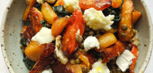Roast roots with confit garlic & goats cheese