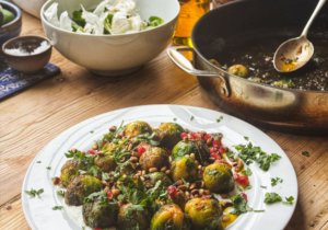 Pan fried Brussels sprouts with whipped feta