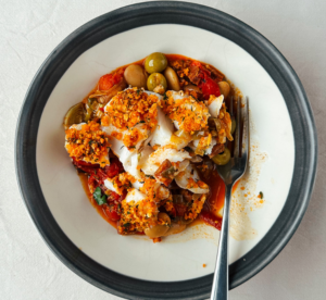 Spanish style cod traybake