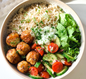 Chicken meatball rice bowls