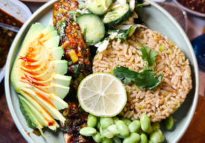 Chilli, Soy & Ginger Honey Salmon with Garlic and Herb Fried rice